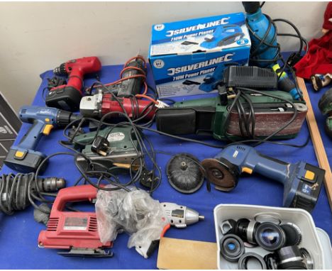 Assorted power tools including a planer, sander, drill etc 