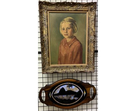 W ImkampHead and Shoulders portrait of a young girlOil on canvasSigned and dated 39And a Rio de Janeiro butterfly wing tray