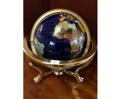 Large gemstone globe approx 470mm total diameter - each country is represented by a different gemstone. On brass stand with c