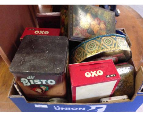 A box of vintage collectors tins.  