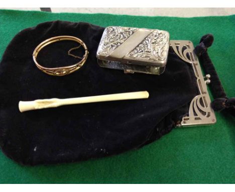 Vintage art deco black velvet evening bag together with a carved ivory claw cigarette holder, art deco hinged bangle set with