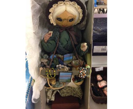Hand made vintage Pedlar doll with wooden head - full tray of miniature sewing items including thread, wool, ribbon and tiny 