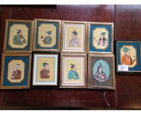 9 x vintage framed & glazed Indian portraits miniatures in modern frames - watercolours, 13x11cm  