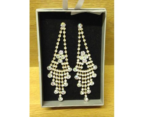 Pair of large costume jewellery earrings, set with vintage aurora borealis diamante stones.  