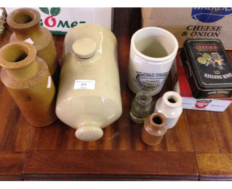 A quantity of vintage stoneware jars, a stone hot water bottle and 2 tins.  