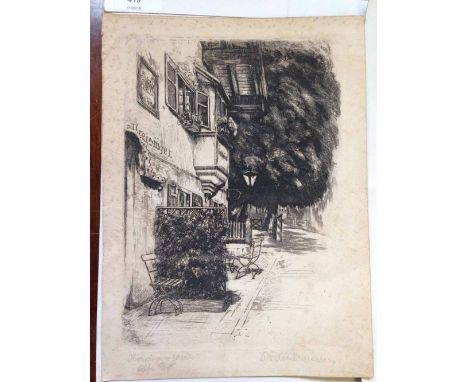 An unframed vintage block print engraving of a German village scene - signed in pencil to the border. 28x21cm  