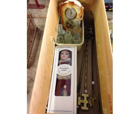 Box of miscellaneous items to include an antique Kaiser ceramic clock, some antique bottles and 2 brass toasting forks.  