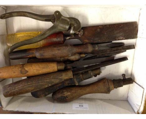 Box of 10 vintage woodworking tools.  