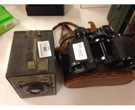 A vintage Six 20 Brownie B camera with a cased pair of French Viking Minor 6 x 25 binoculars  