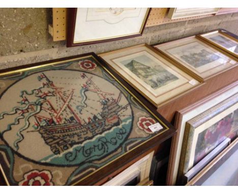 A framed & glazed embroidery tapestry of the Mary Rose 43 x 43cm with 3 small framed & glazed prints.  