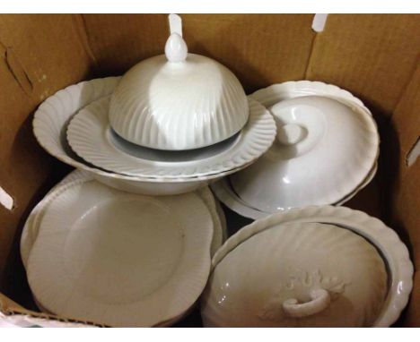 A quantity of vintage blanc de chine dinnerware to include 6 Shelley plates, Wilkinson entrée dish & unmarked muffin dish.  