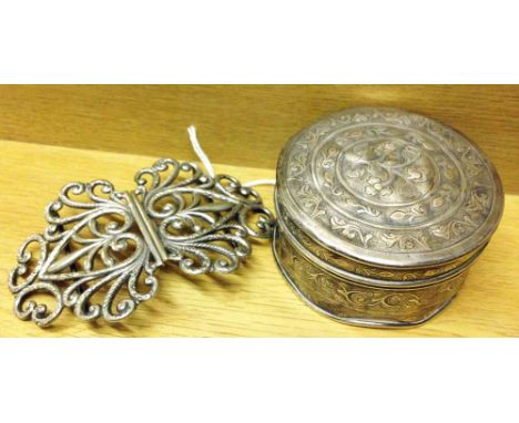 White metal (possibly indian silver) trinket box, together with an EPNS nurses buckle.  