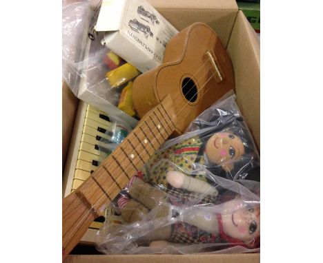 A box of mixed toys to include Rosie & Jim rag dolls and a Casio PT-30 organ  