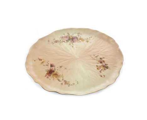 ROYAL WORCESTER OVAL TRAY, painted with flowers in colours on a cream ground, printed marks in puce, 49cm long, along with a 