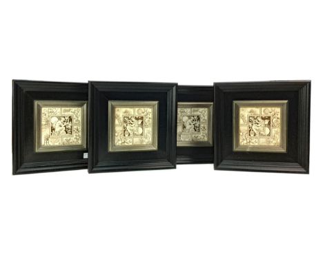 TWO PAIRS OF VICTORIAN AESTHETIC MOVEMENT TILES, each depicting a classical figure surrounded by a border of 'the four elemen