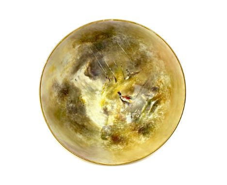 ROYAL WORCESTER BOWL PAINTED BY JAMES STINTON, the footed circular bowl handpainted with pheasant within a landscape with wat