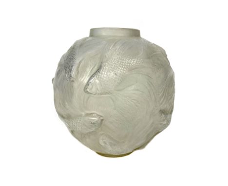 LALIQUE FORMOSE OPAQUE GLASS VASE, the shouldered ovoid bowl moulded with fish, signed 'R. Lalique, France' to base, 18cm hig