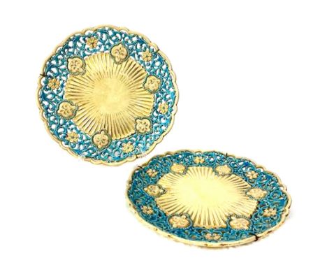 PAIR OF ZSOLNAY PECS RETICULATED PLATES, pierced with scrolls and flower heads, impressed marks to base, 22cm diameter