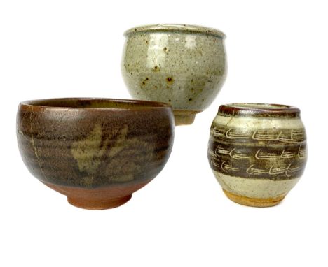 BERNARD LEACH (1887-1979) ST. IVES POTTERY BOWL, of footed ovoid form, impressed Leach and St. Ives monograms, 9cm high, alon