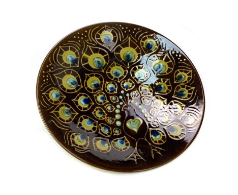 POOLE POTTERY 'AEGEAN' CHARGER, decorated with a peacock, printed marks to base, 41cm diameter