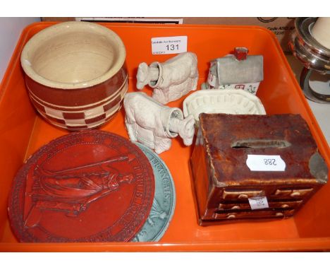 Small Staffordshire style cottage, salt glaze money box, 2 plaques, miniature jelly mould, 2 Bisque nodding donkeys etc