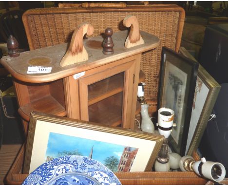 Wicker picnic basket, selection of prints, small pine display unit, onyx lamp bases etc