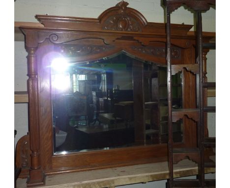 Early 20th C light oak bevelld edge overmantle mirror with fluted columms