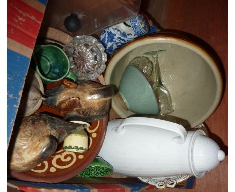 Earthenware bowl, ceramic ducks, flask, butter dish etc