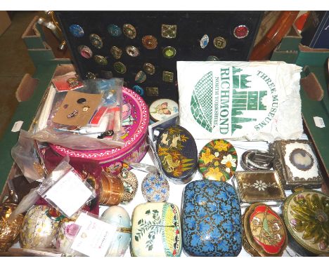 Selection of pin badges, trinket boxes, scarf rings etc