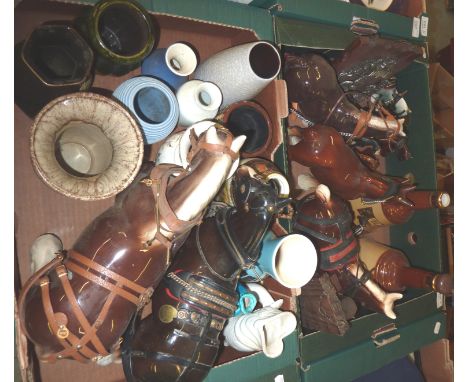 2 large ceramic shire horses, selection of decorative vases etc and ceramic shire horse figures, 2 Bells whiskey decanters, s