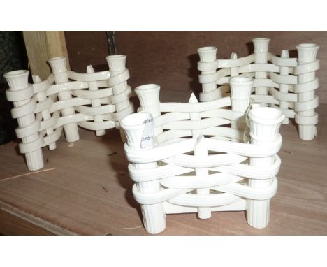 Ceramic weave basket and 2 similar bud vases