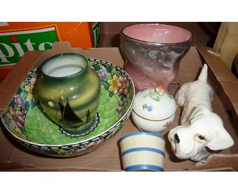 Maling ware 'Clematis' bowl, lidded trinket pot with flower finial with crossed swords marked base, Royal Worcester barrel po