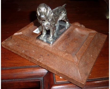 Oak Robert Thompson 'Mouseman' desk stand mounted with silver plated figure of a cocker spaniel