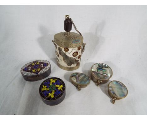Six Asian white metal trinket / pill boxes and similar with enamel decoration - Est £50 - £80