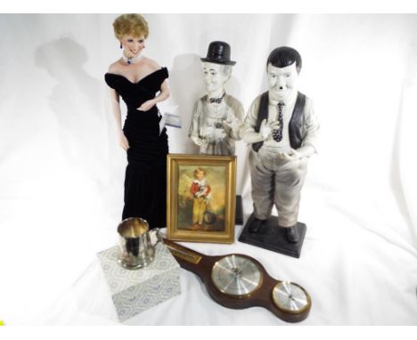 A pair of figurines depicting Laurel and Hardy, a barometer, an Aston Drake figurine entitled  Diana Princess of Wales, a sil