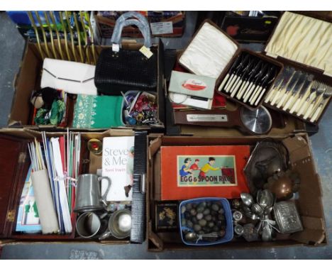 A large lot to include vintage boxed cutlery sets, a small box of costume jewellery, lady's hand bags, knitting needles, a bo