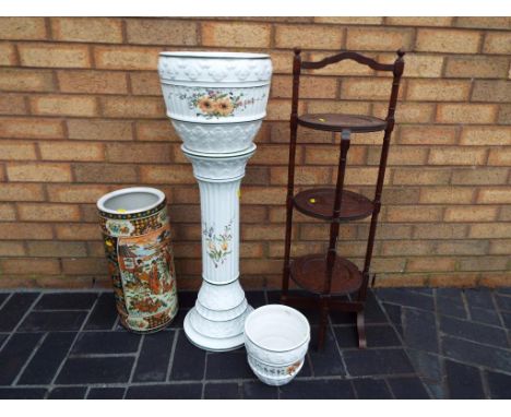 A good mixed lot to include a mahogany cake stand, an umbrella stand, a jardiniere with matching ceramic plant pot (4)