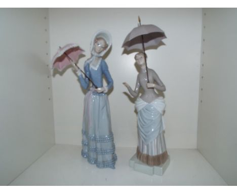 Lladro  - a Lladro figurine depicting a young lady holding a parasol, 31.5 cm (high) and a similar figure by Nao, 35 cm (high