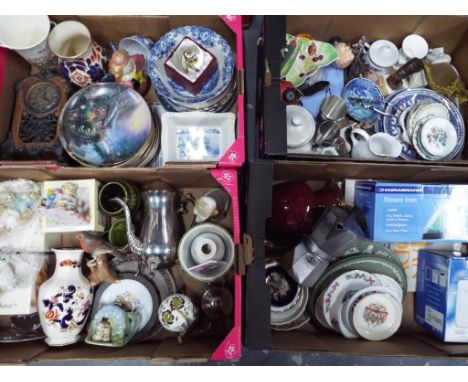 A good mixed lot of ceramic tableware and homeware to include Durabrand steam iron, boxed, a can opener with integral knife s