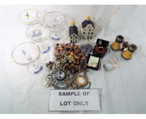 A mixed lot to include a selection of Babysham glasses, two blue Delft KLM ceramic houses, sealed, a collection of costume je