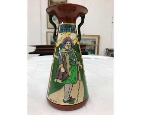 A twin-handled vase by Wileman & Co Intarsio-Foley decorated with figures from 'Twelfth Night - 'Sir Toby Belch' and 'Malvoli