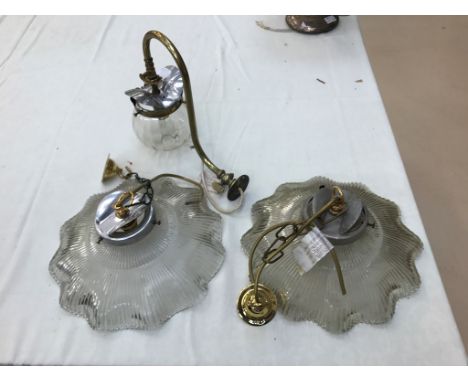 A pair of vintage glass lamps; together with a converted gas wall lamp