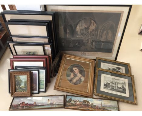 A quantity of pictures, including seascape watercolours & early printed examples of local interest,Chelmsford ruin etc