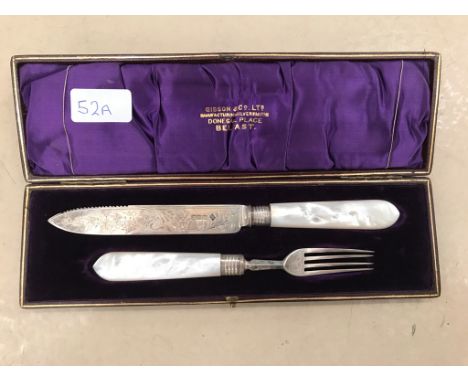 A cased HM silver and mother-of-pearl knife and fork