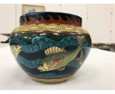 A flower pot by Wileman & Co Intarsio-Foley decorated with swimming fish, printed Intarsio mark to base, No 3173 CONDITION RE