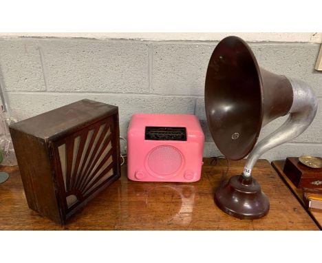 A vintage radio horn speaker, along with two radios 