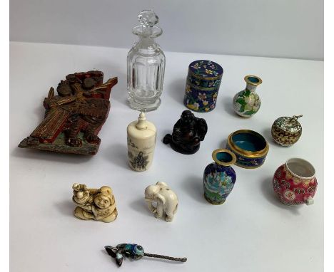 A small collection of modern cloisonne miniature vases and jars, together with a Chinese netsuke, and various other oriental 