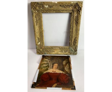 An early 19th century oil portrait of a seated female, in a plaster frame, 25.5cm x 20cm