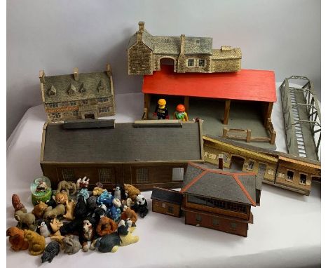 A collection of vintage carriages, Hornby Dublo track and various buildings