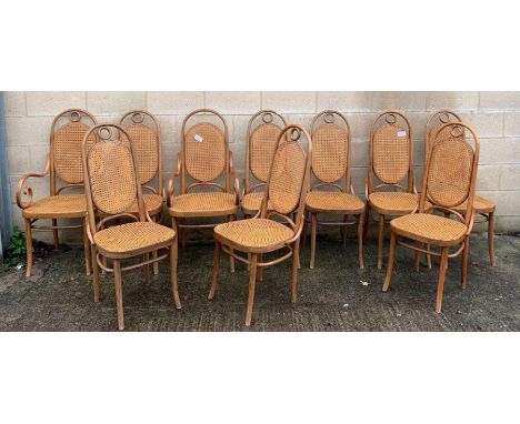 A set of ten mid century Dinette light beech framed bentwood dining chairs with caned backs and seats, 46cm